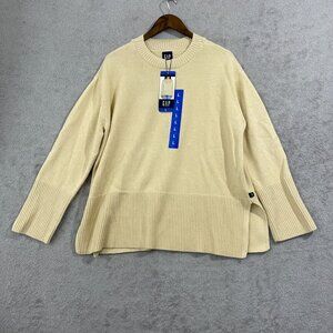 NEW Gap Womens L Beige Cotton Long-Sleeve Sweater With Ribbed Hem & Side slit